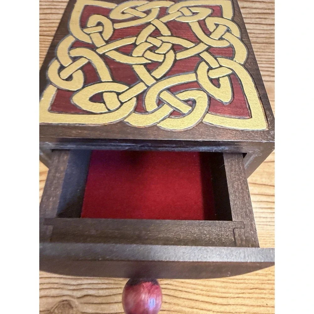 Hand Crafted Celtic Knot Irish Wooden Jewelry Trinket Box Drawers